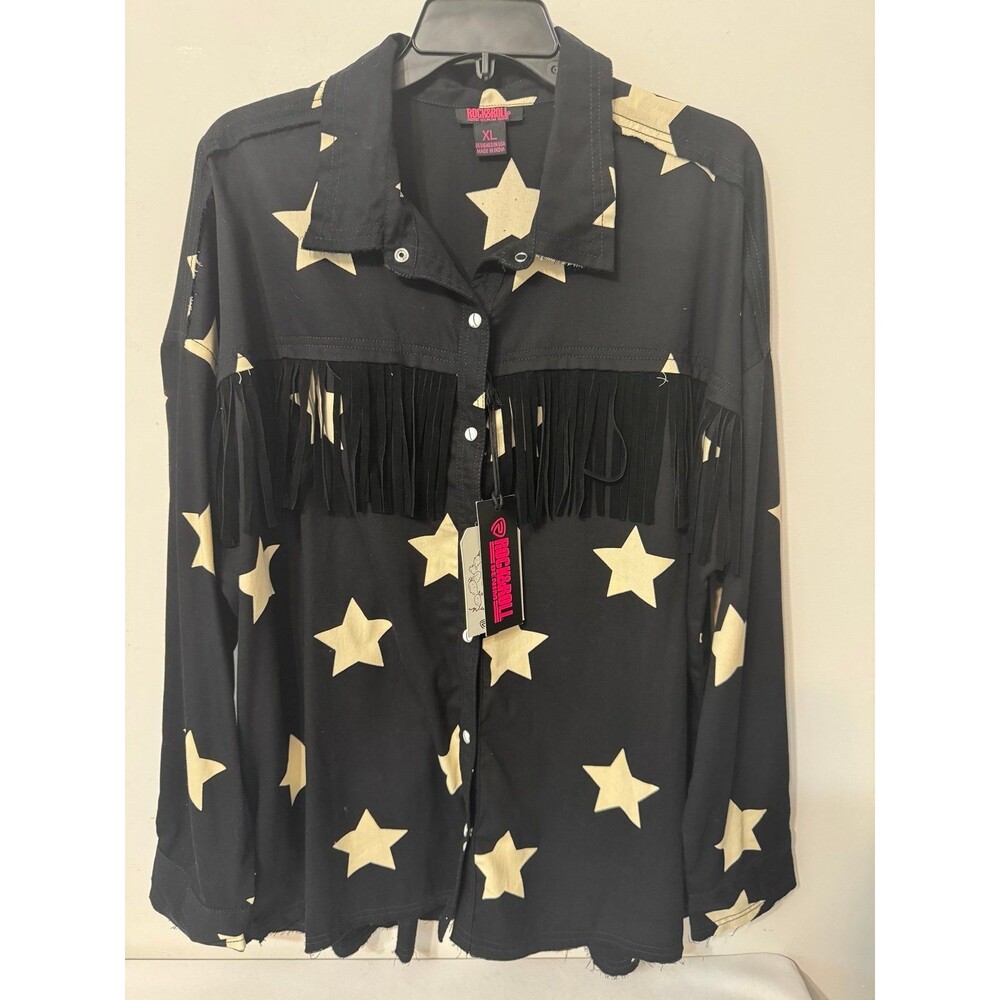 Rock&Roll Denim Western black twill fringe top XXL prairie westernwear country